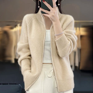 Cardigan de Lã com Zíper e Gola Alta Bege 01