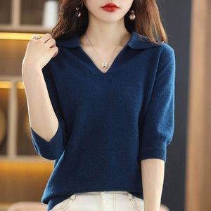 Suéter Feminino Gola Polo Decotado Azul Marinho 1