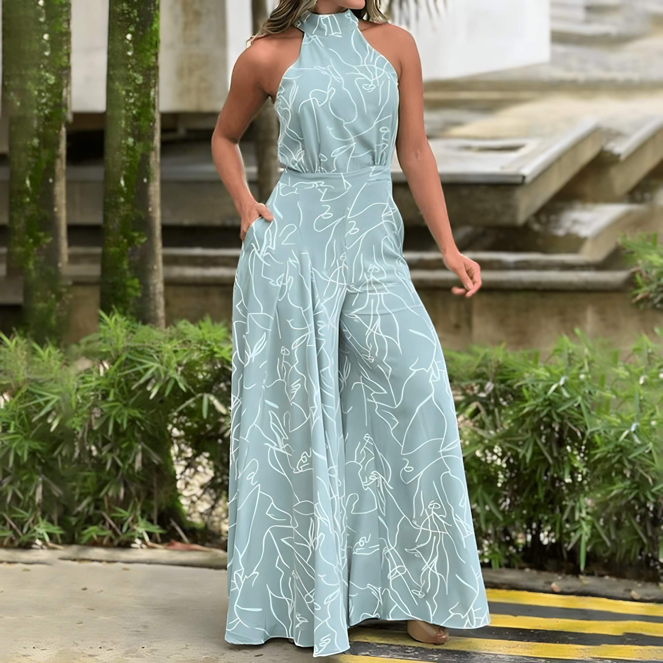 Macacão Pantalona Azul e Branco 4