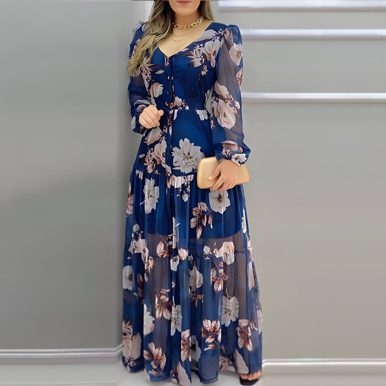 Vestido Longo Manga Comprida Azul Estampado 1