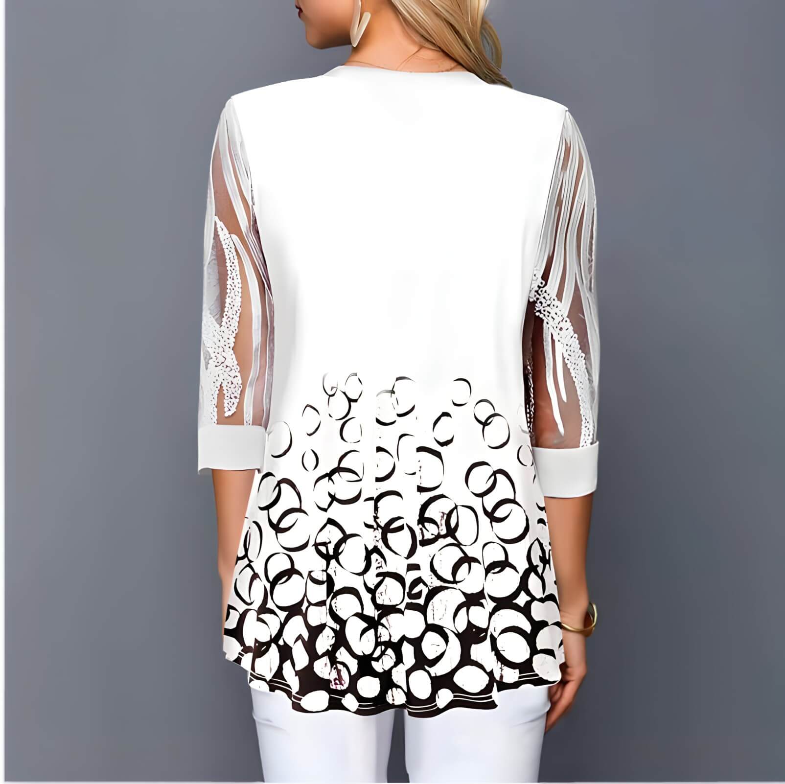 Blusa Feminina Crepe de Malha Alongada Manga Tule Estampa Poá Maxine