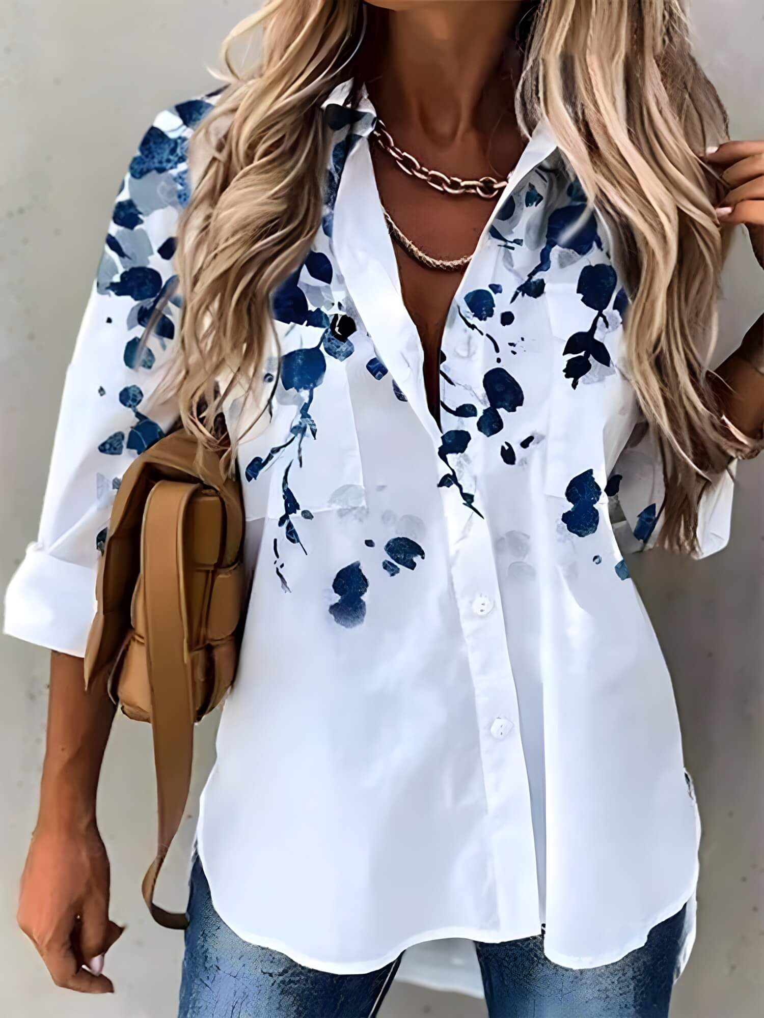 Camisa Feminina Crepe Sedinha Estampa Delicada Manga Longa Taranto