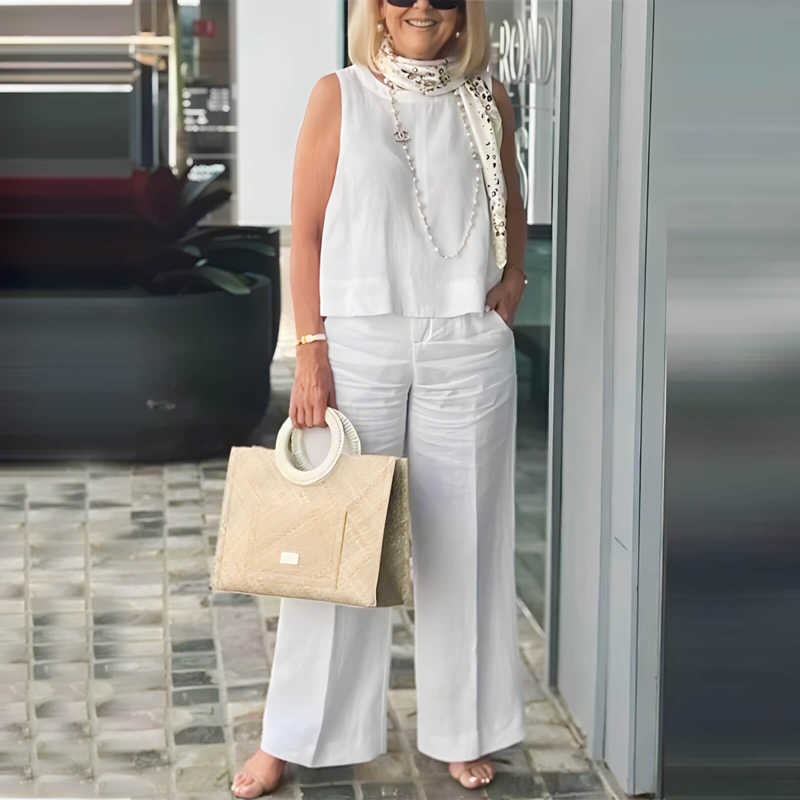 Conjunto Feminino de Viscolinho Blusa Regata e Calça Pantalona Adeline