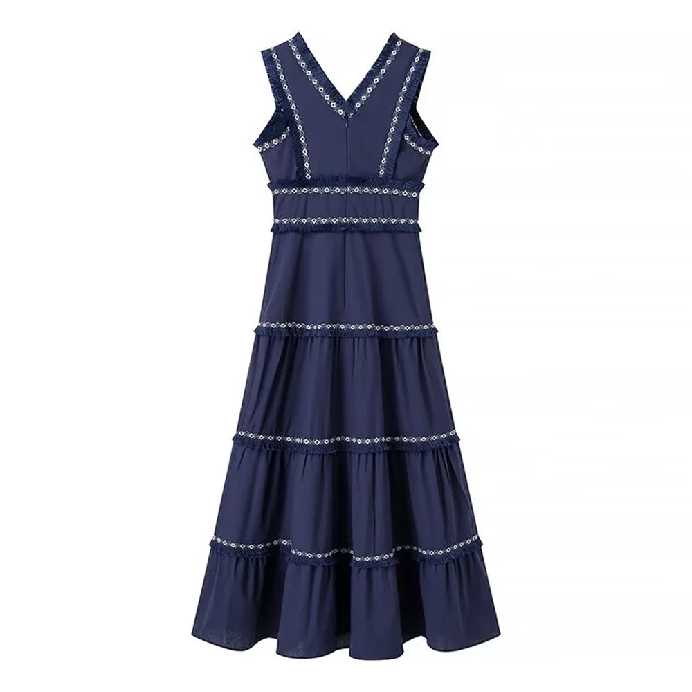 Vestido Longo Bordado Azul Marinho 02