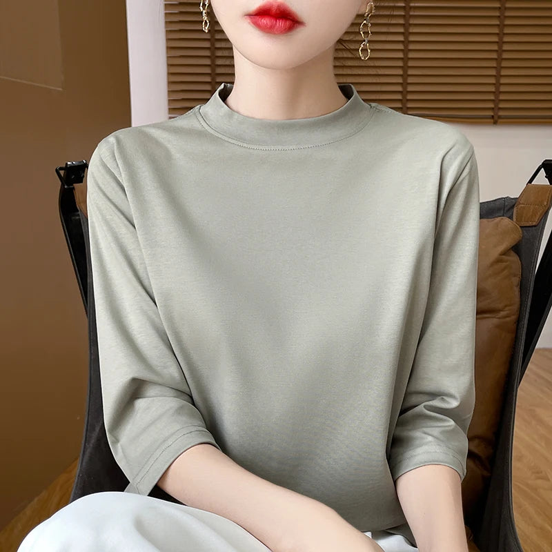 Blusa de Algodão Solta com Manga 3/4 e Gola Alta Verde Claro 06