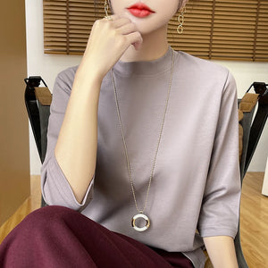 Blusa de Algodão Solta com Manga 3/4 e Gola Alta Bege 05