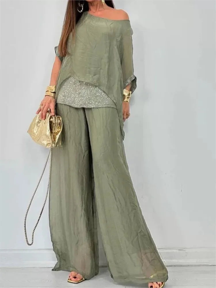 Conjunto Feminino de Chiffon Blusa Solta com Brilho e Calça Pantalona Fluida Dione