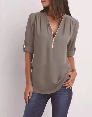 Blusa Chiffon Manga 3/4 com Zíper Cinza 13