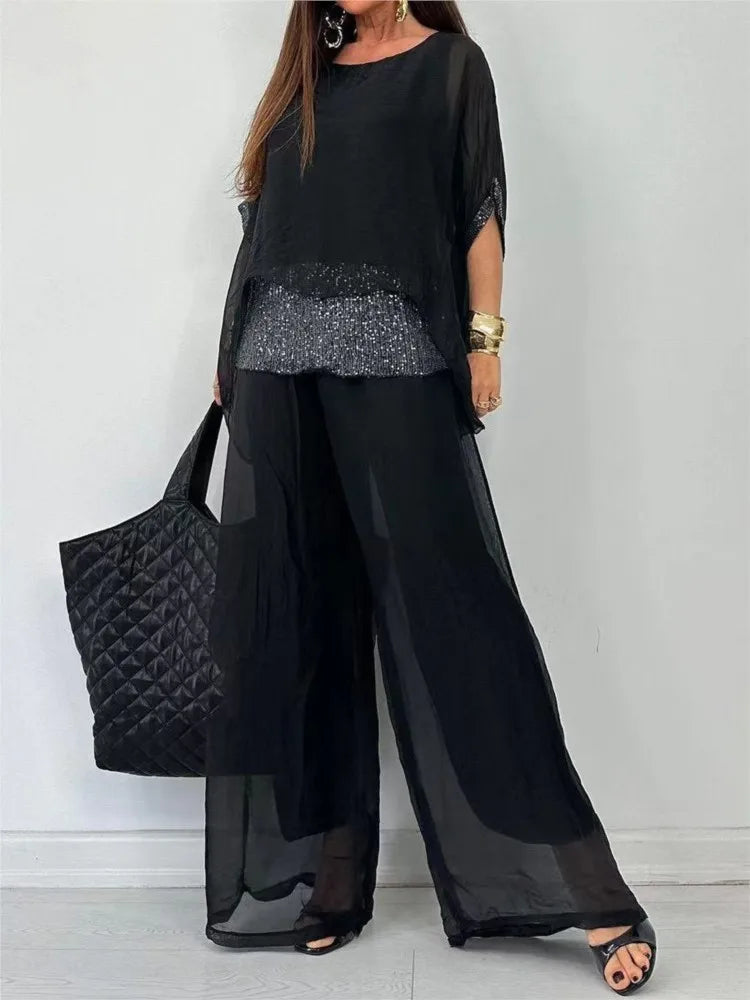 Conjunto Feminino de Chiffon Blusa Solta com Brilho e Calça Pantalona Fluida Dione