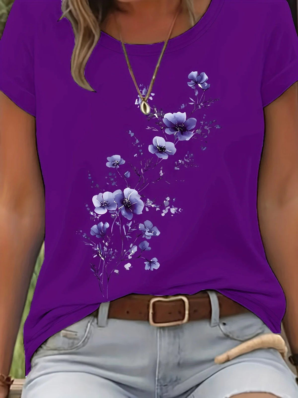 Blusa de Algodão Manga Curta com Estampa Floral Roxo 07