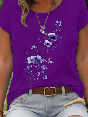 Blusa de Algodão Manga Curta com Estampa Floral Roxo 07