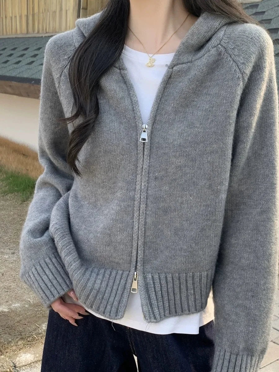 Cardigan de Tricô com Capuz e Zíper Cinza 01