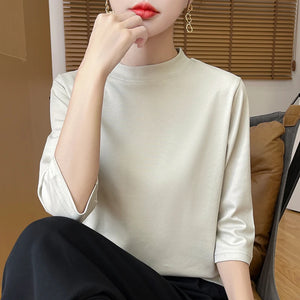 Blusa de Algodão Solta com Manga 3/4 e Gola Alta Off White 04