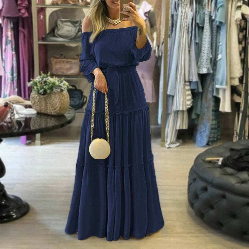 Vestido Longo Ombro a Ombro Azul Marinho 01
