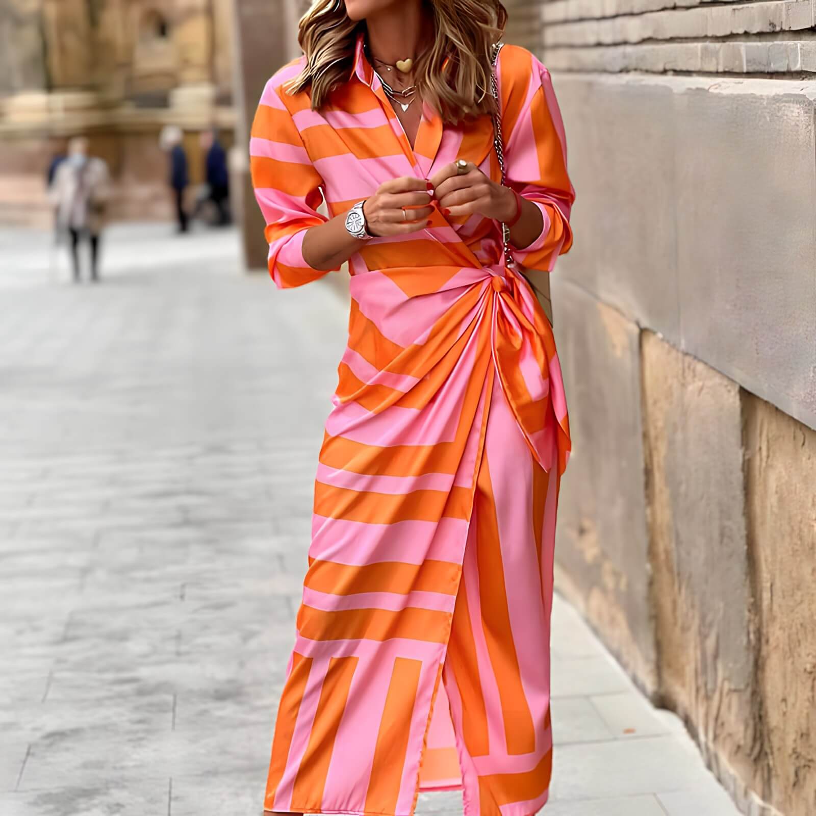 Vestido Midi Acetinado Transpassado Estampado Rubis