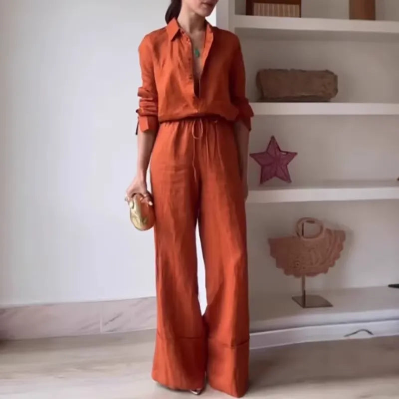Conjunto Feminino Viscolinho Camisa e Calça Pantalona Sienna