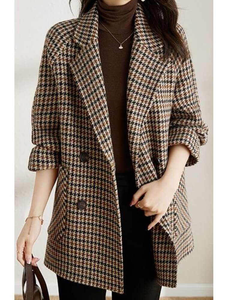 Blazer Feminino de Lã Alongado Xadrez Pied de Poule Louise